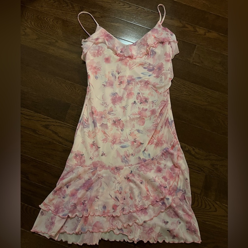 Caution To The Wind Pink Floral Mesh Spaghetti Strap Ruffle Dress- sz M